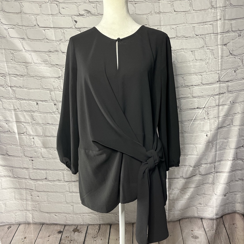 Halogen light sheer black top with side tie and button key hole front size small
